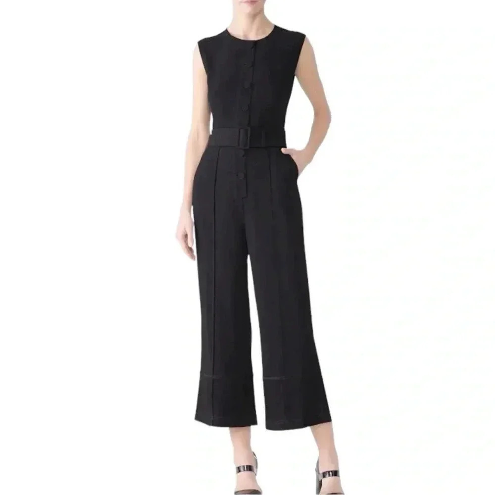 DEREK LAM 10 Crosby Black Crepe Button Down Wide Leg Jumpsuit Womens Size 6